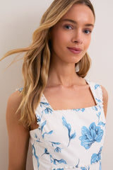 Cream & Blue Floral Pearl Trim Persephone Maxi Dress