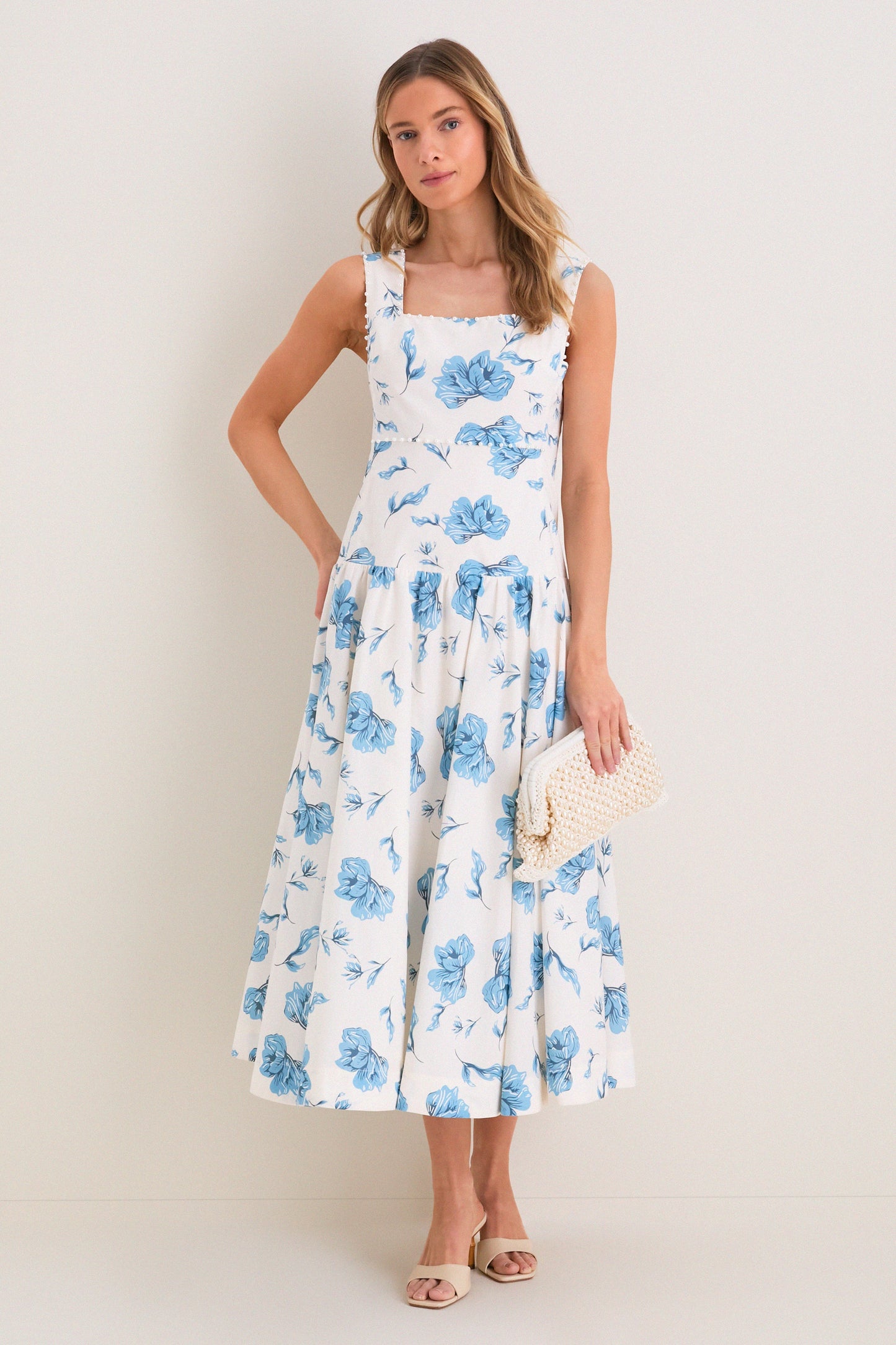 Cream & Blue Floral Pearl Trim Persephone Maxi Dress