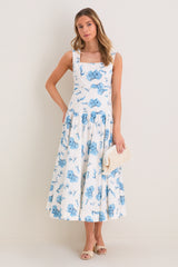Cream & Blue Floral Pearl Trim Persephone Maxi Dress