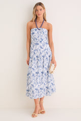 Navy Watercolor Beaded Halter Natalie Midi Dress