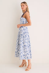 Navy Watercolor Beaded Halter Natalie Midi Dress