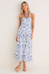Navy Watercolor Beaded Halter Natalie Midi Dress