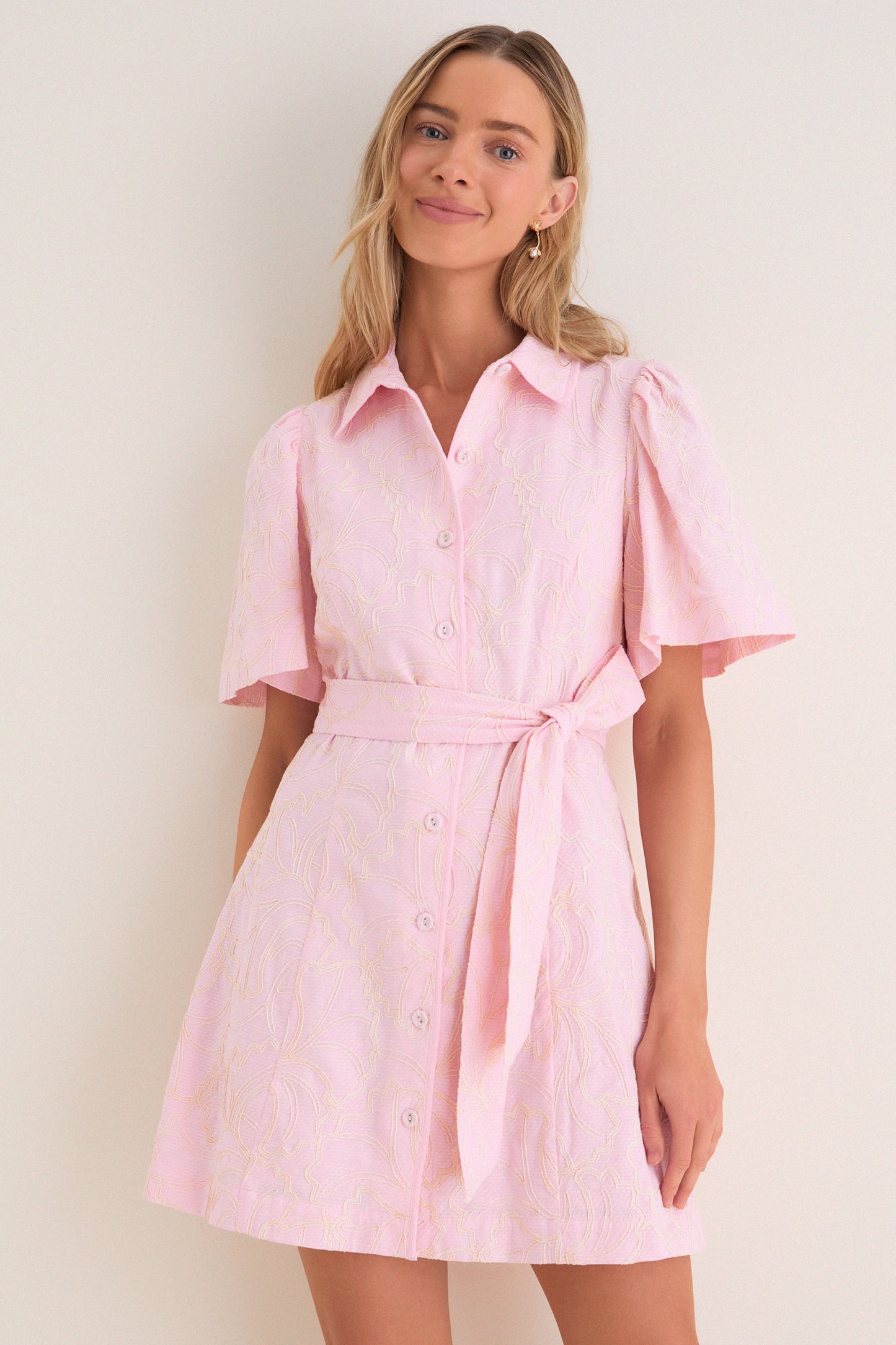 Light Pink Embroidered Gingko Leaf Peppa Mini Dress