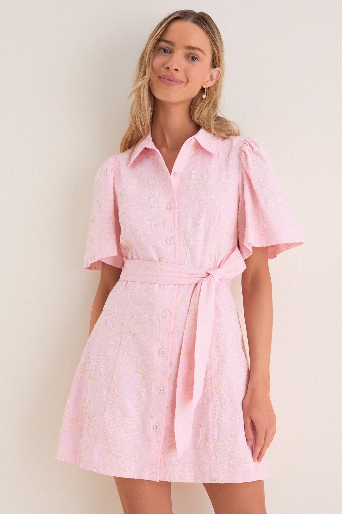 Light Pink Embroidered Gingko Leaf Peppa Mini Dress