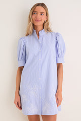 Blue Embroidered Pinstripe Louisa Mini Dress