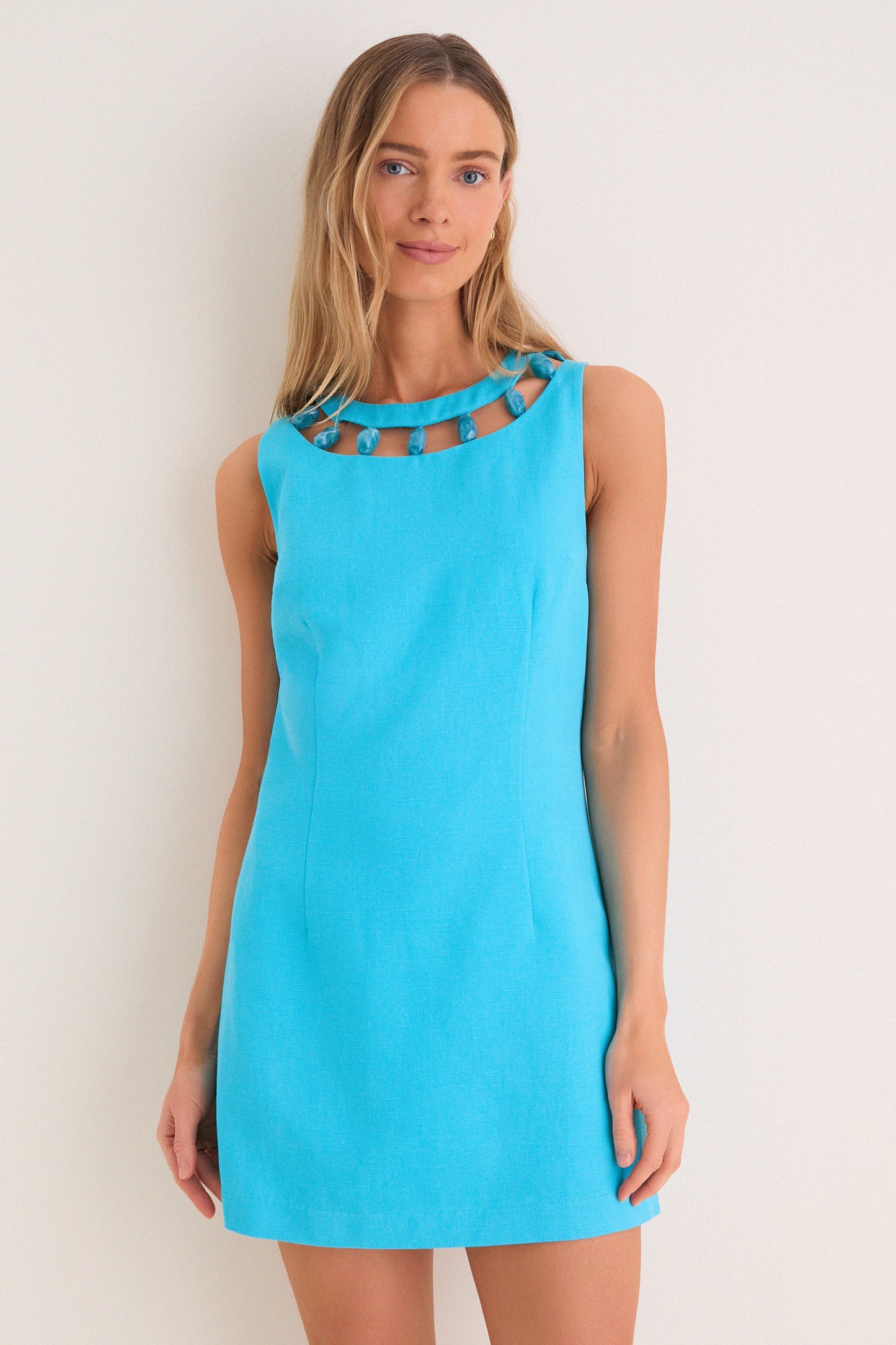 Aqua Linen Beaded Dottie Mini Dress