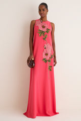 Watermelon Peony Embroidered Crepe Francie Gown