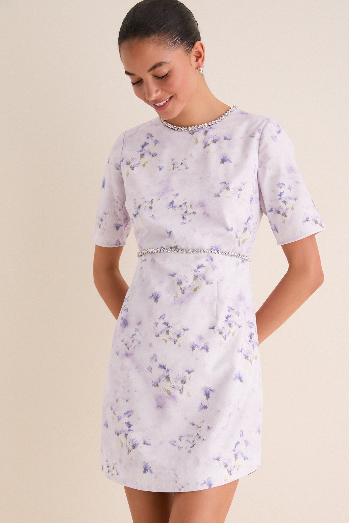 Lilac Floral Crystal Embellished Floria Mini Dress