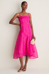 Raspberry Rose Shibori Organza Long Asymmetric Dress