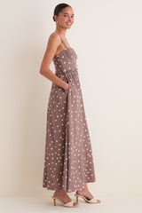 Cardamom and Ecru Polka Dot Rosette Maxi Dress
