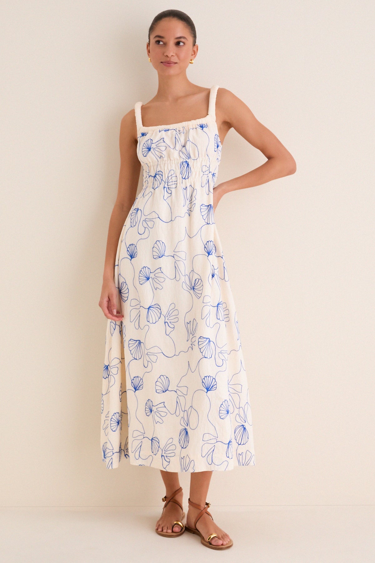 Cream & Royal Blue Embroidered Beverly Maxi Dress