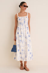 Cream & Royal Blue Embroidered Beverly Maxi Dress
