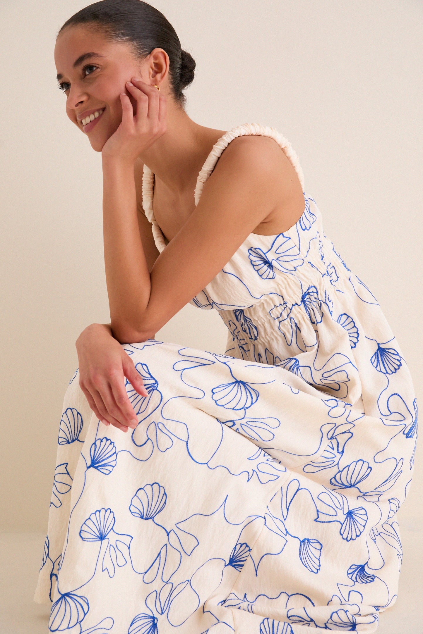 Cream & Royal Blue Embroidered Beverly Maxi Dress