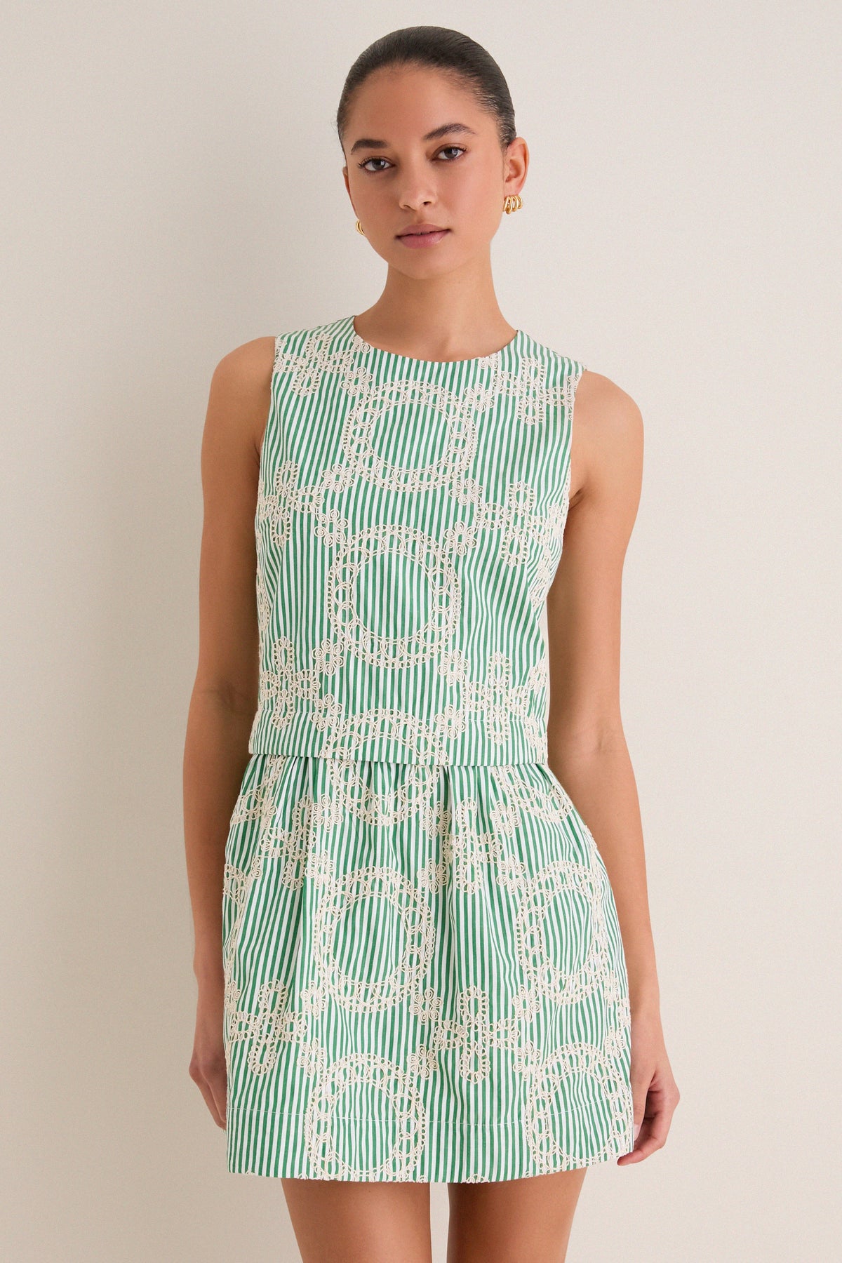 Green Stripe Vintage Embroidery Paige Mini Dress