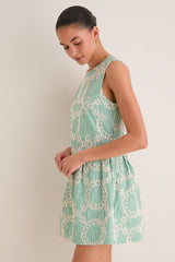 Green Stripe Vintage Embroidery Paige Mini Dress