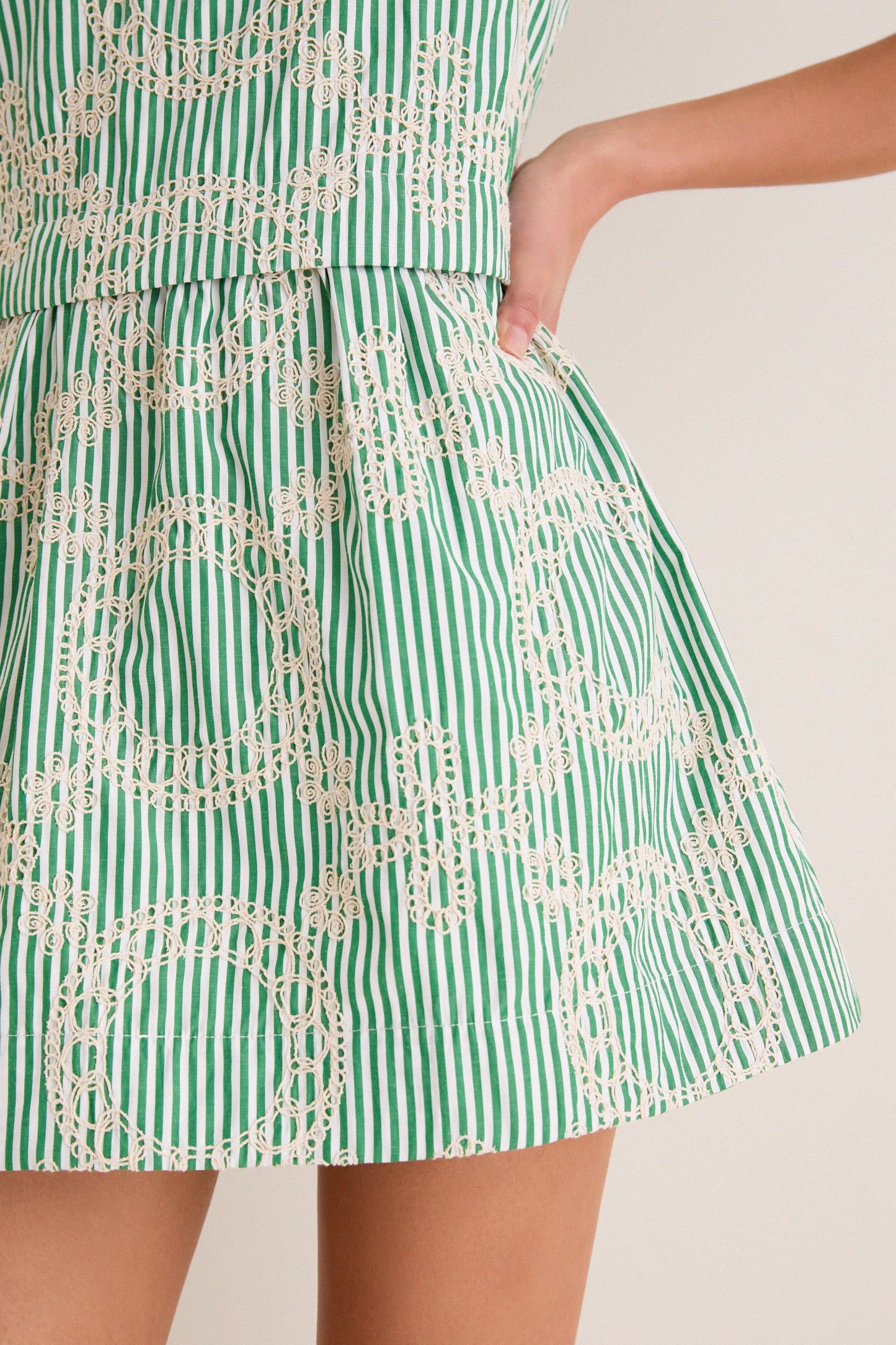 Green Stripe Vintage Embroidery Paige Mini Dress