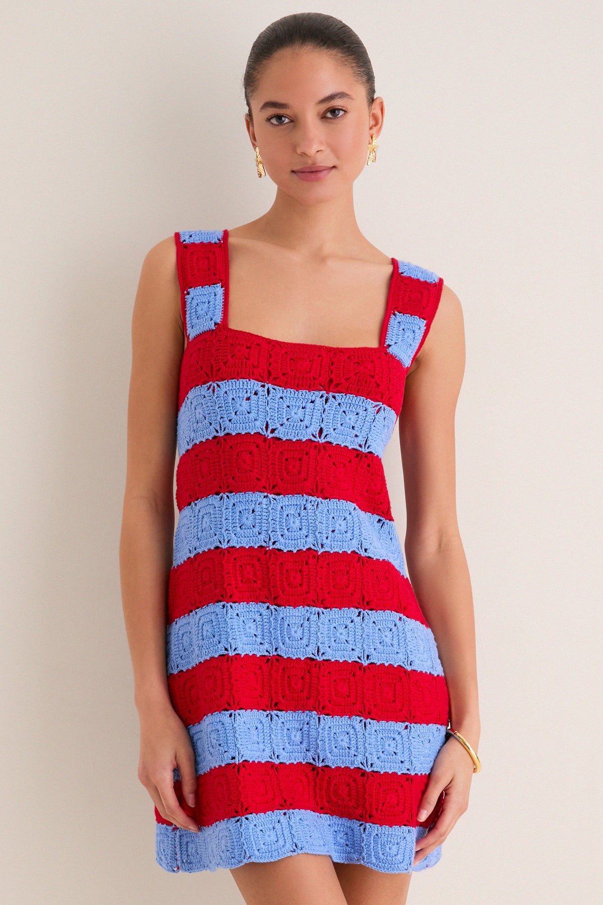 Cornflower Blue & Red Crochet Cooper Mini Dress