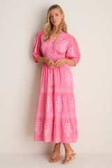 Raton Pink V-Neck Puffed Sleeve Maxi Dress