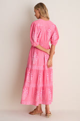 Raton Pink V-Neck Puffed Sleeve Maxi Dress