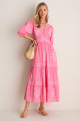 Raton Pink V-Neck Puffed Sleeve Maxi Dress