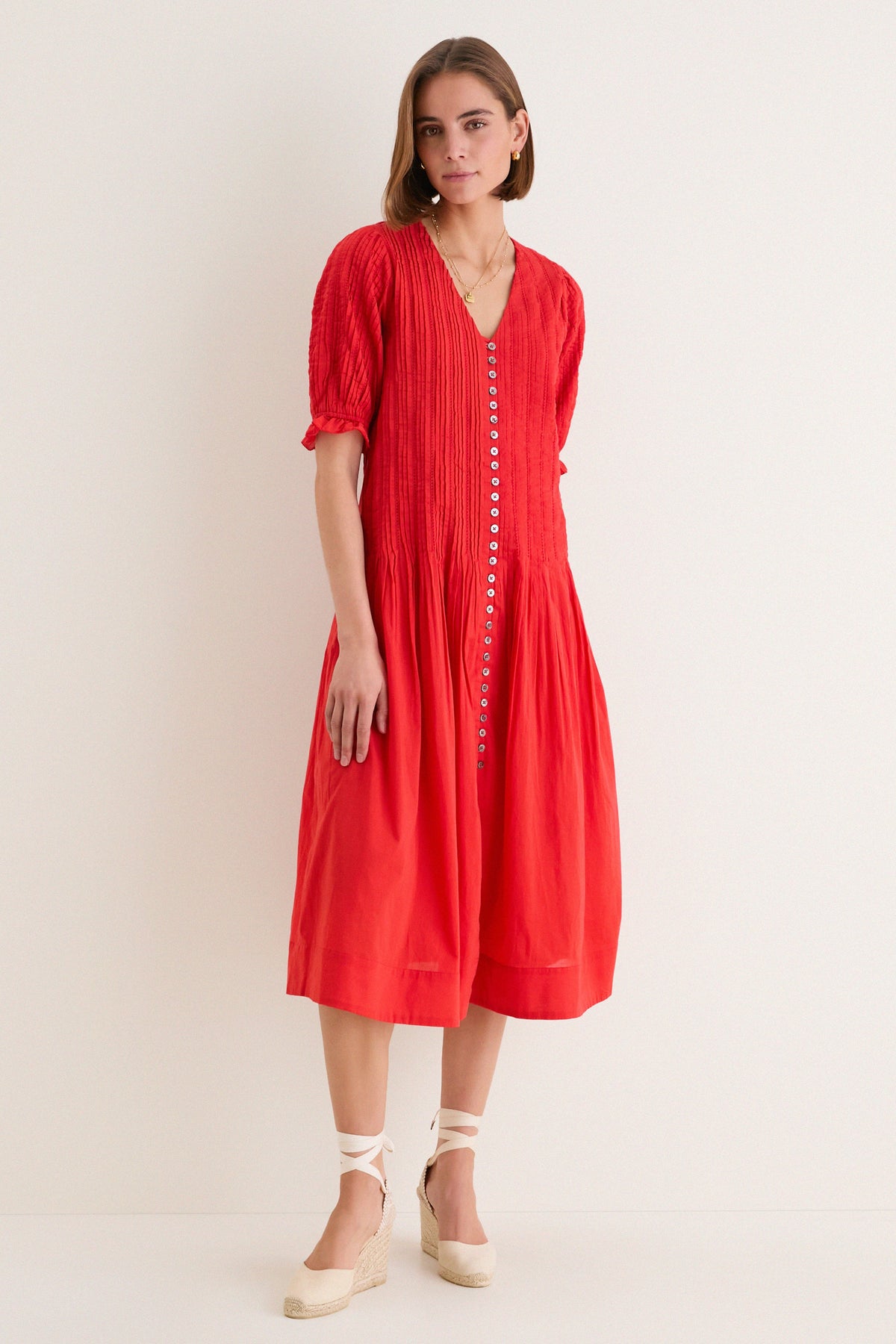 Red Alberte Solid Puff Sleeve Dress