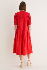 Red Alberte Solid Puff Sleeve Dress