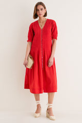 Red Alberte Solid Puff Sleeve Dress