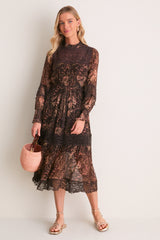 Brown Luisa Print Long Sleeve Dress
