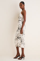 Ivory and Black Floral Embroidered Josie Halter Midi Dress