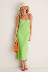 Riviera Green Linen Scoop Neck Beaded Dress