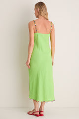 Riviera Green Linen Scoop Neck Beaded Dress