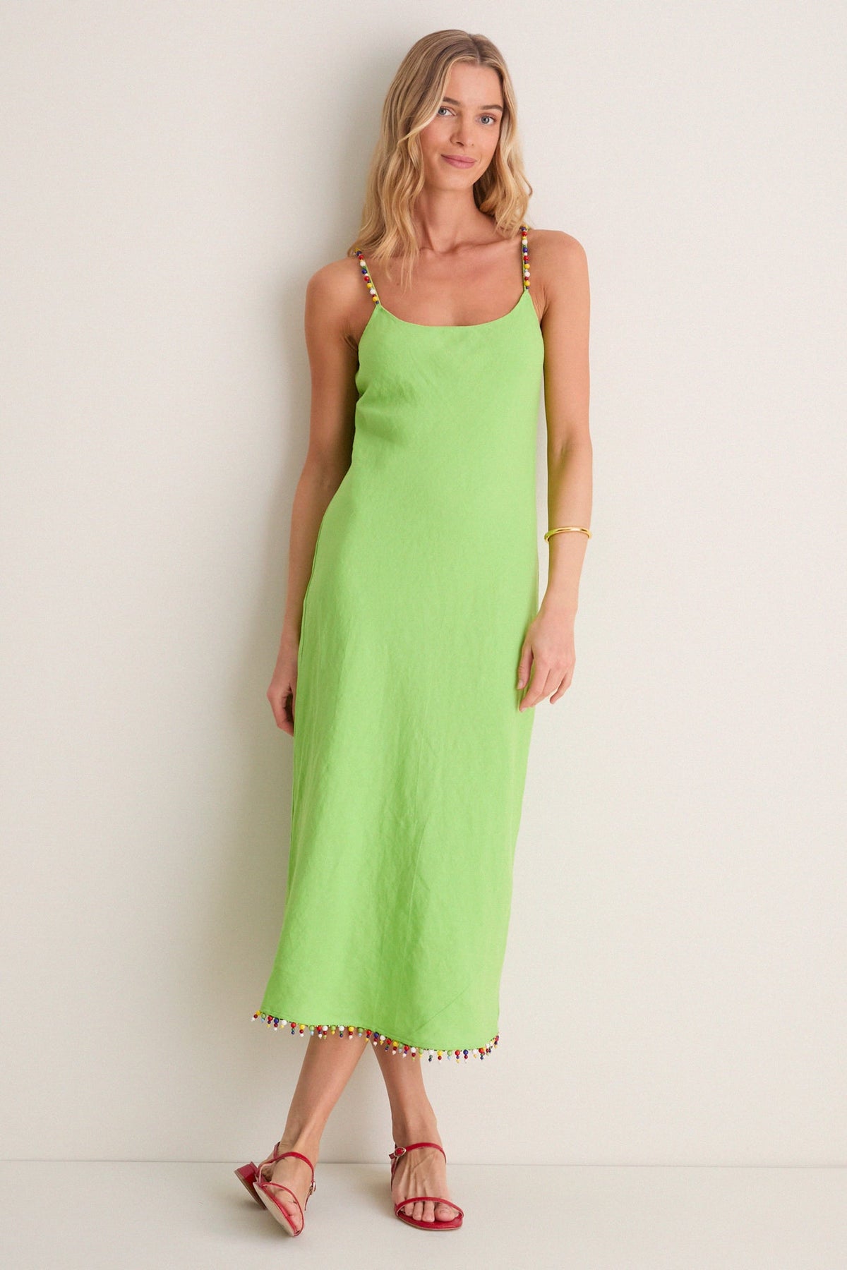 Riviera Green Linen Scoop Neck Beaded Dress