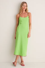 Riviera Green Linen Scoop Neck Beaded Dress
