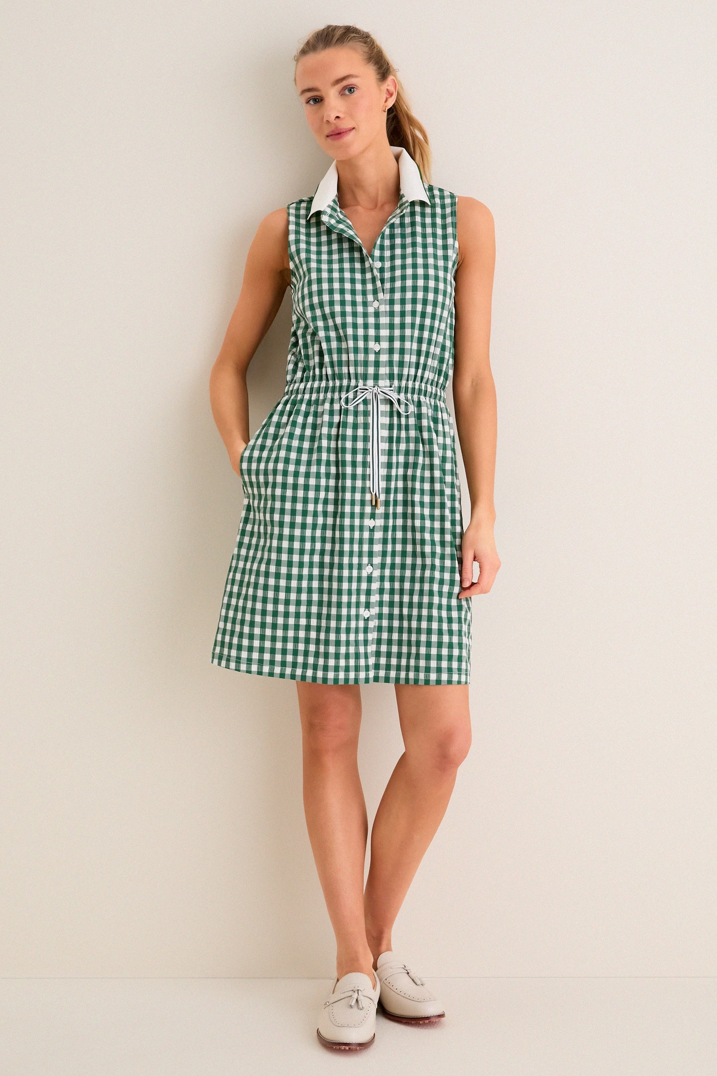 Eden Green Gingham Sleeveless Performance Seersucker Alcott Golf Dress