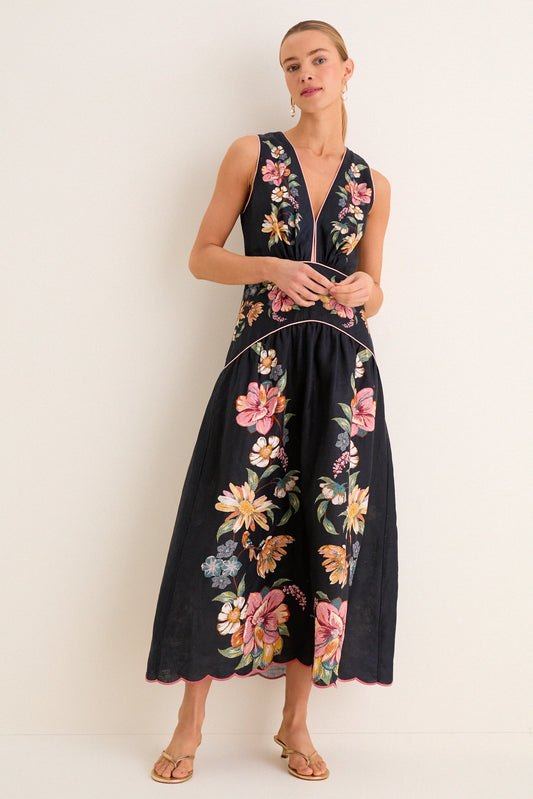 Maira Floral Dark Blue Midi Dress