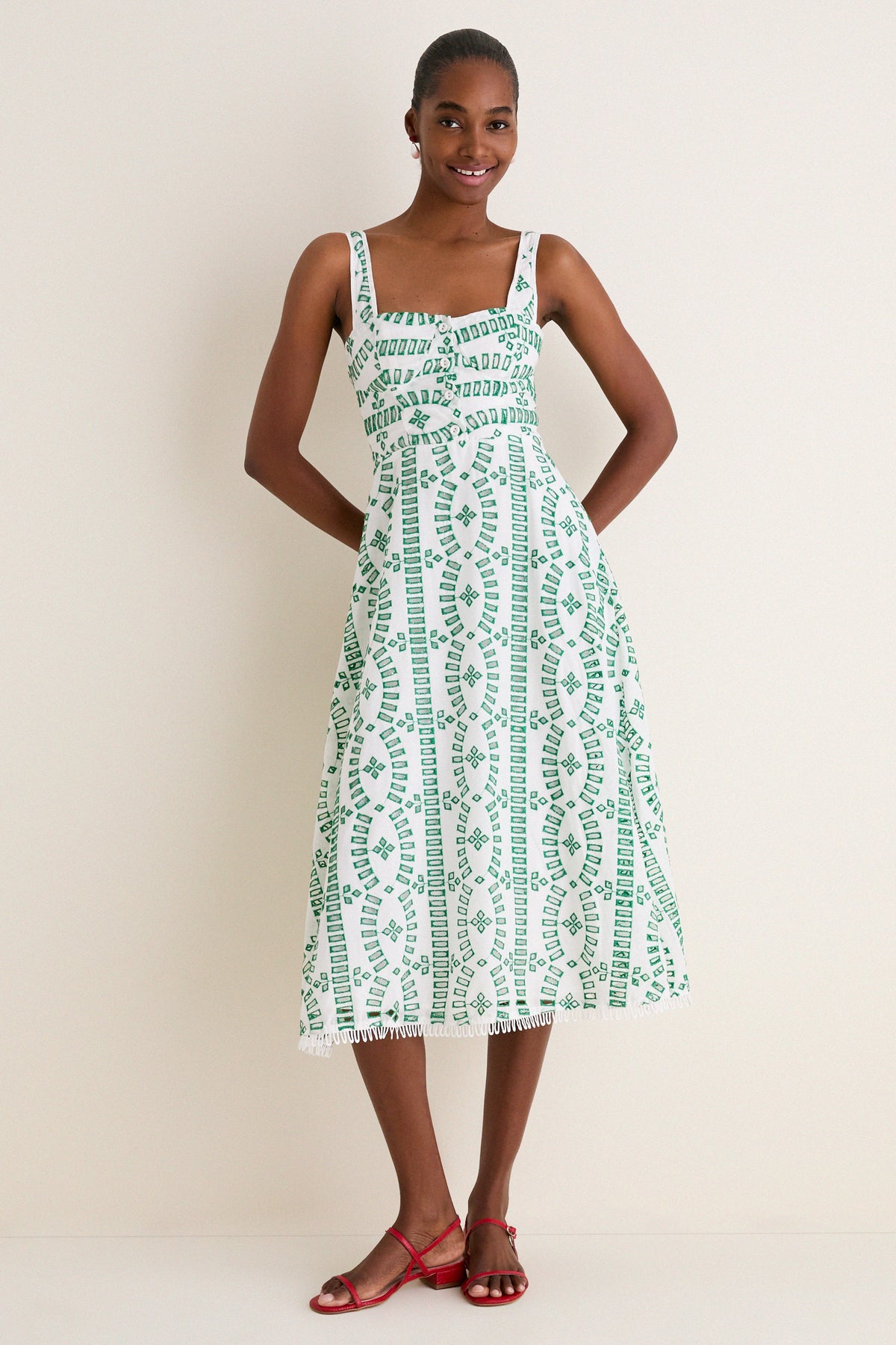 Green Multi Embroidered Detail Midi Dress