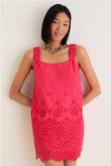 Red Kallie Linen Blend Embroidered Mini Dress