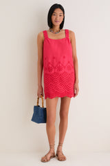 Red Kallie Linen Blend Embroidered Mini Dress