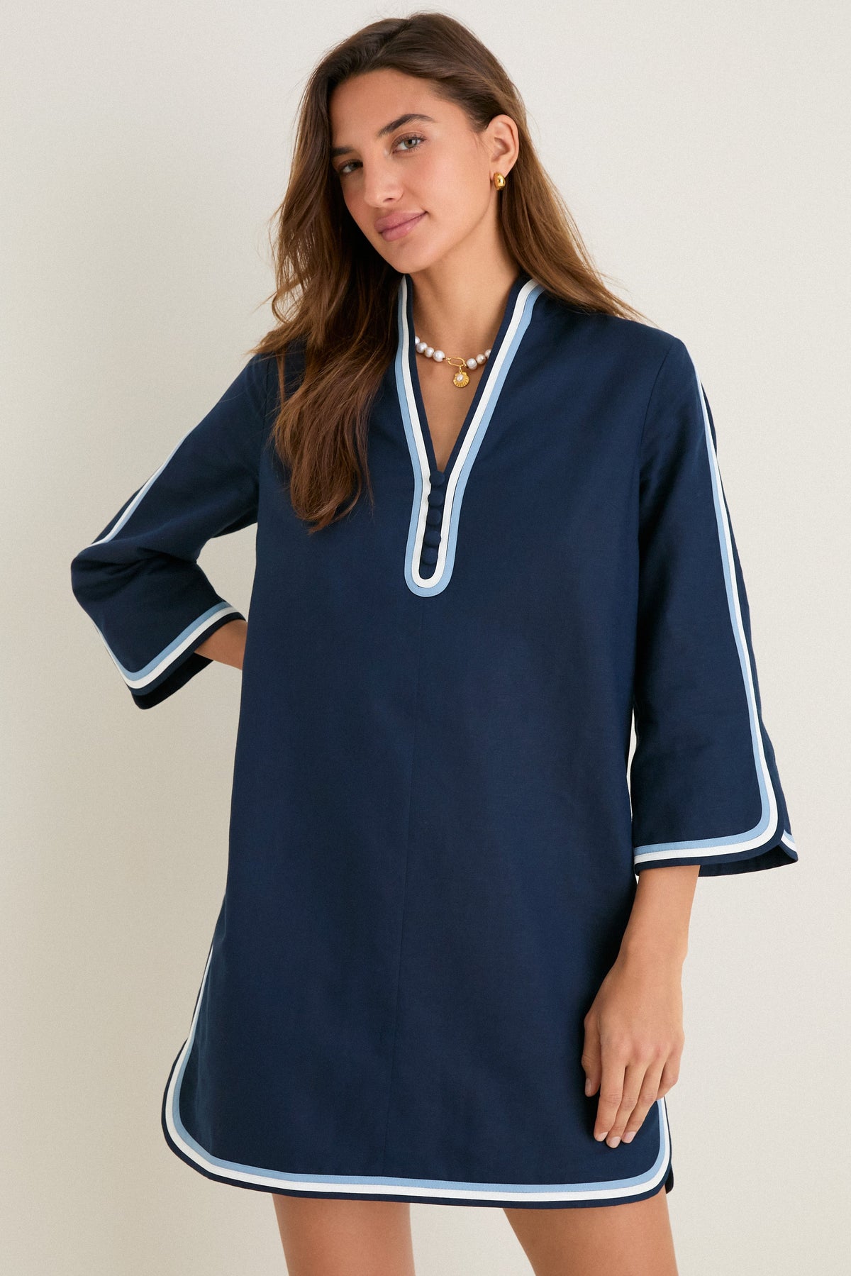 Navy Cotton Linen Contrast Trim Sabine Tunic Dress