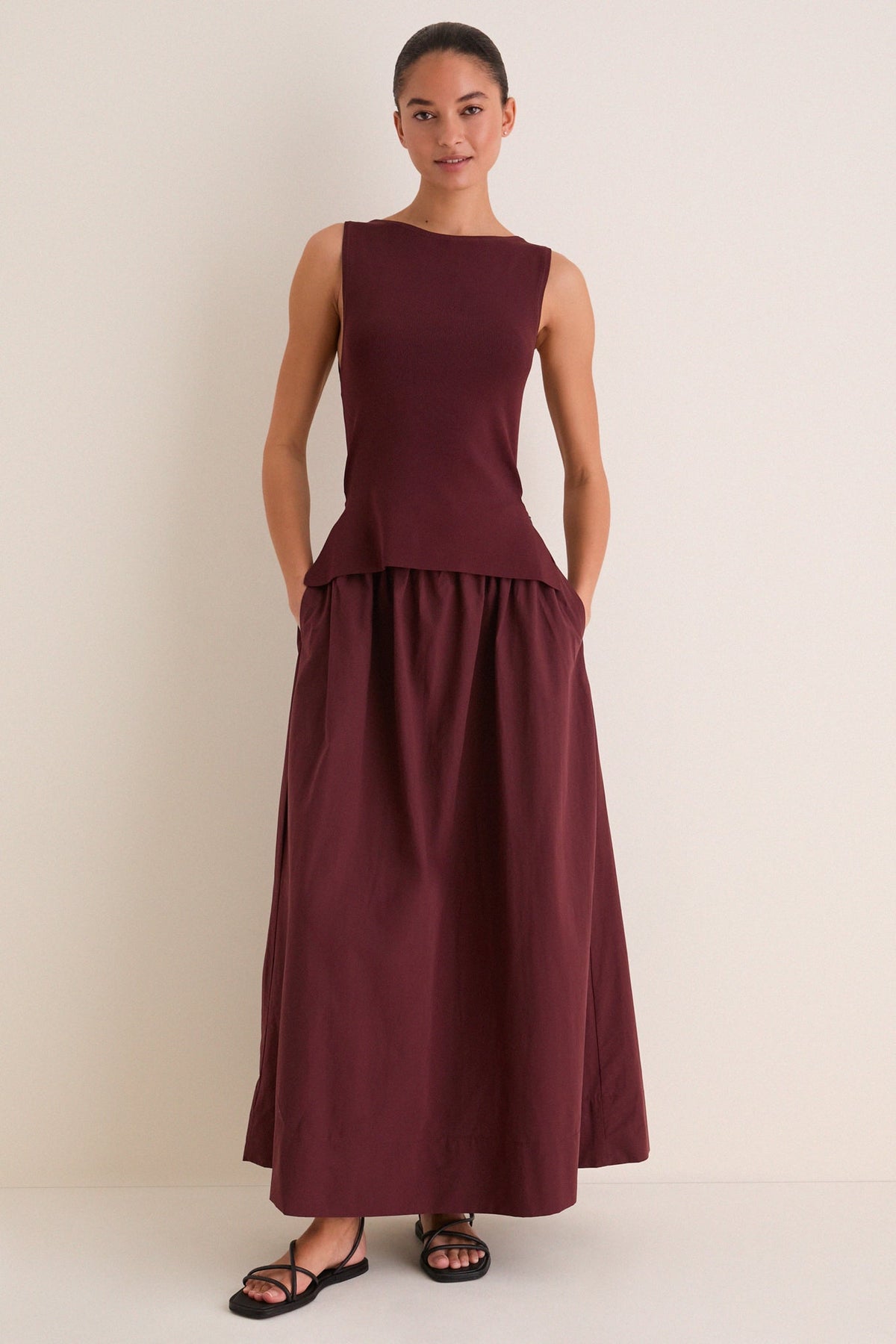 Dark Cherry Boatneck Mix Media Midi Dress