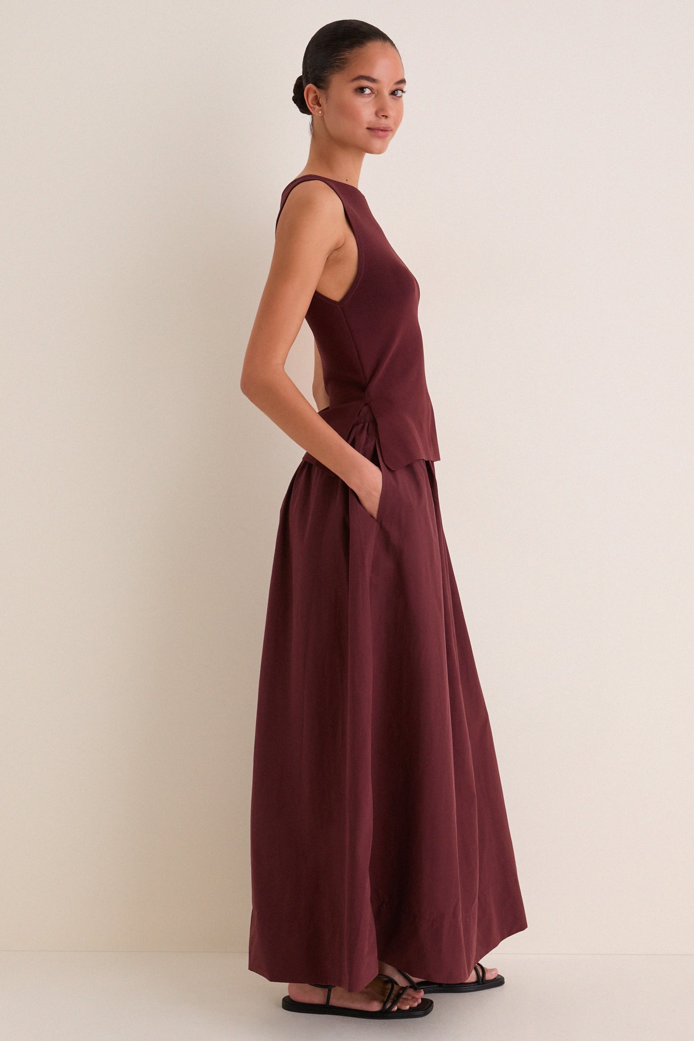 Dark Cherry Boatneck Mix Media Midi Dress