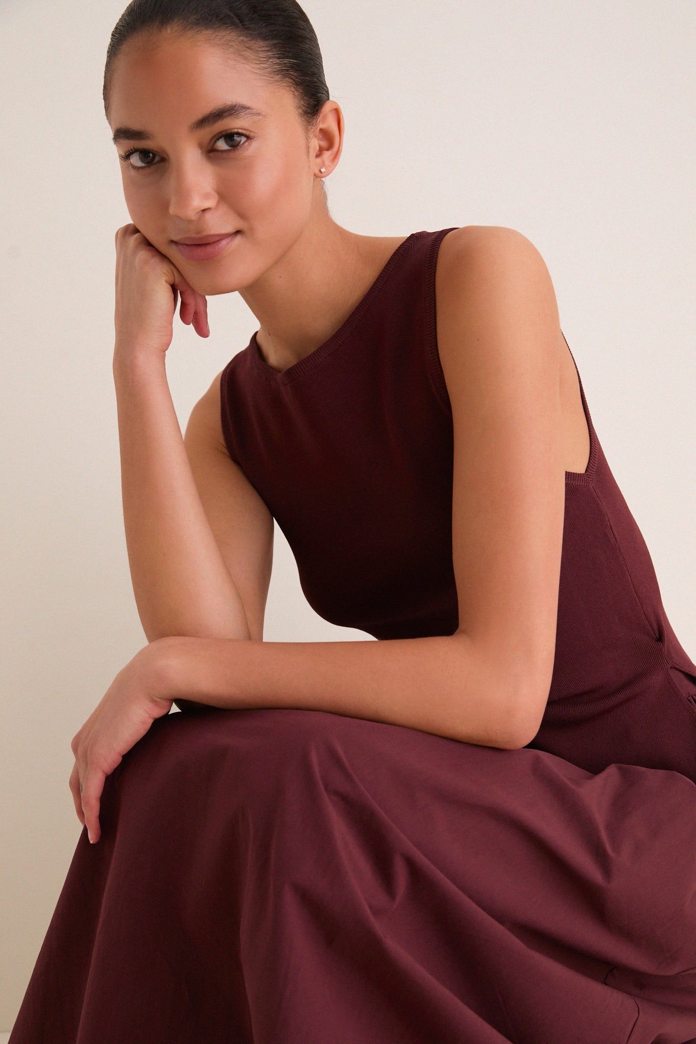 Dark Cherry Boatneck Mix Media Midi Dress