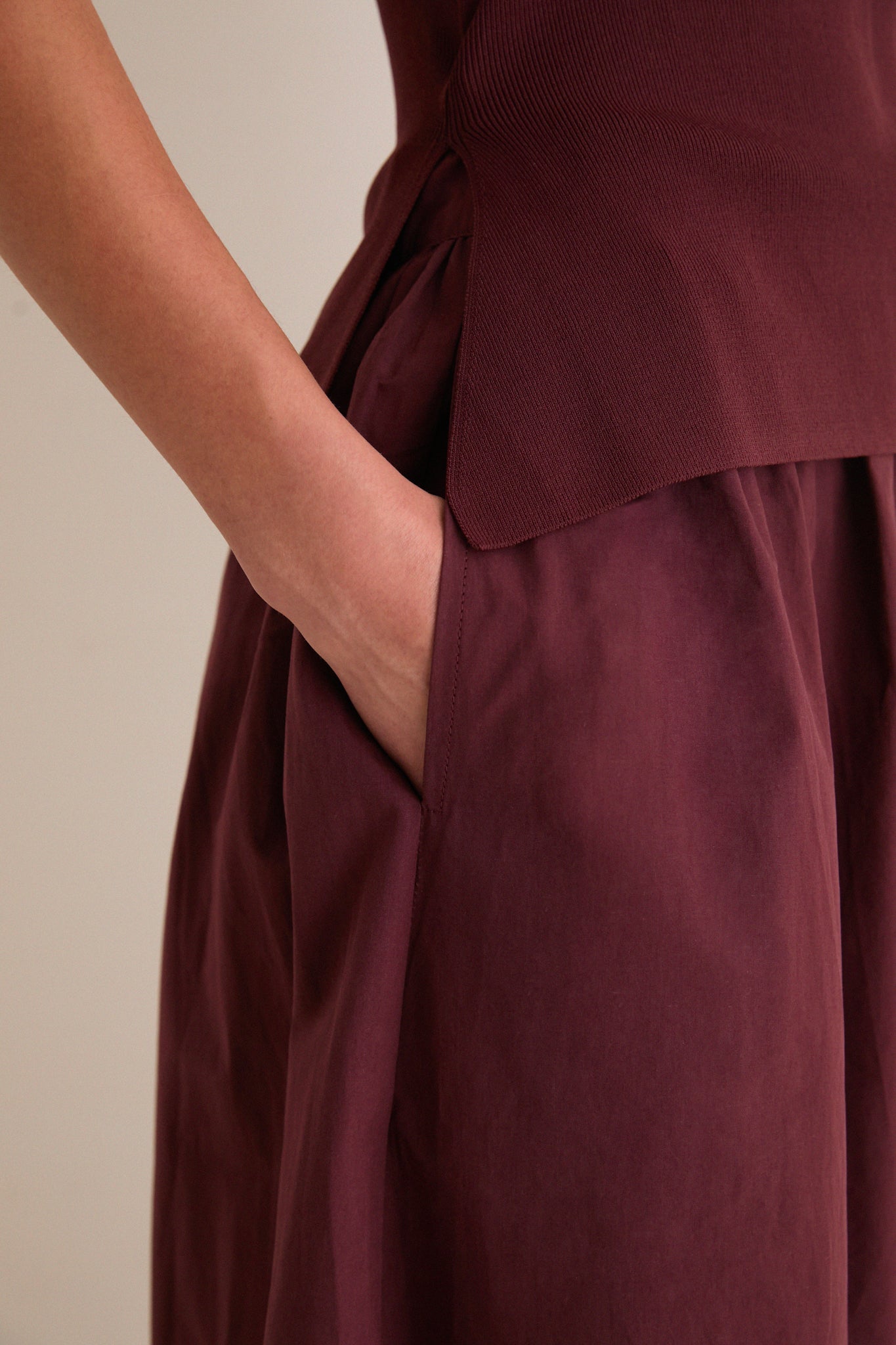 Dark Cherry Boatneck Mix Media Midi Dress