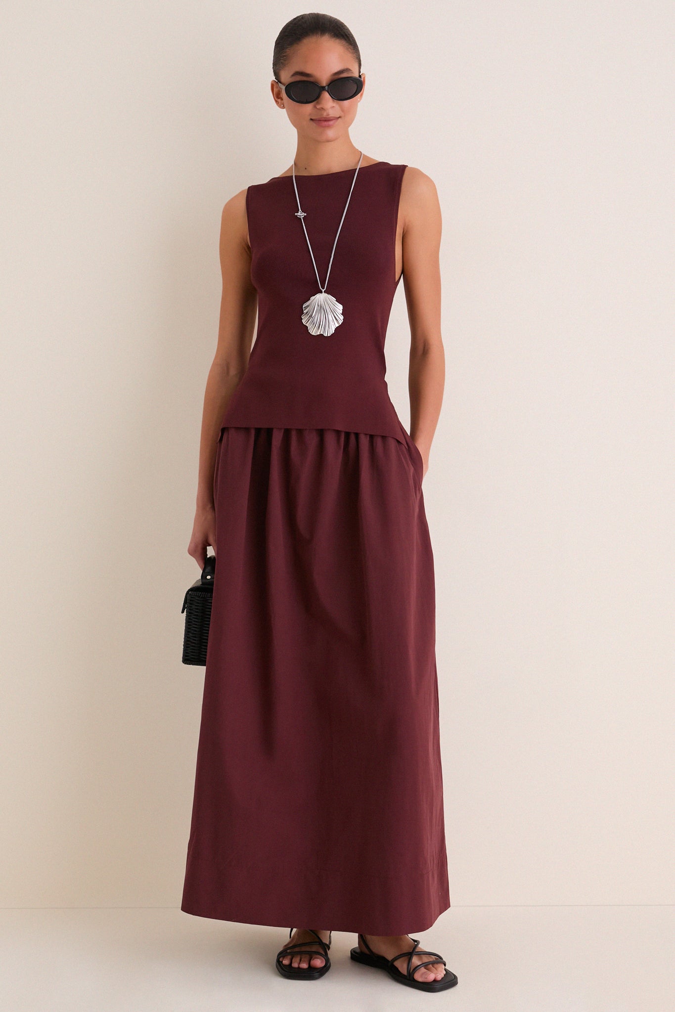 Dark Cherry Boatneck Mix Media Midi Dress
