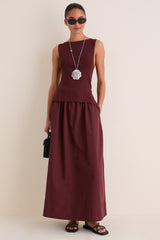 Dark Cherry Boatneck Mix Media Midi Dress