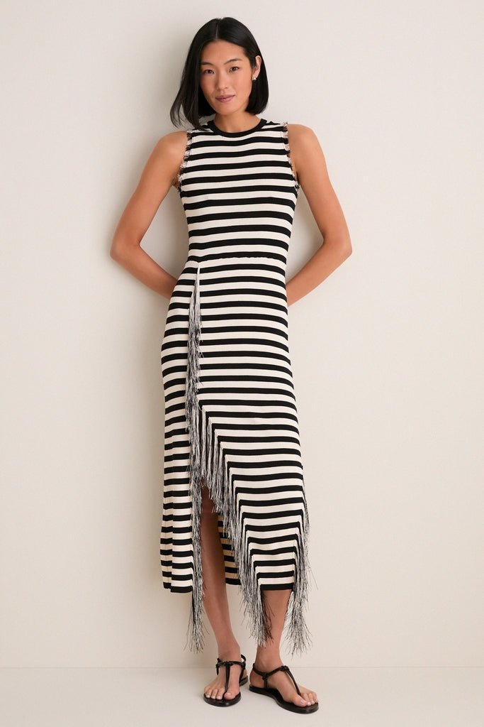 Black and White Stripe Sabine Fringe Knit Dress
