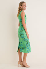 Rose Bouquet Sea Green Floral Print Linen Pencil Midi Dress