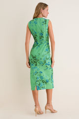 Rose Bouquet Sea Green Floral Print Linen Pencil Midi Dress
