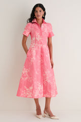 Rose Bouquet Blossom Pink Floral Print Linen Chine Midi Shirt Dress
