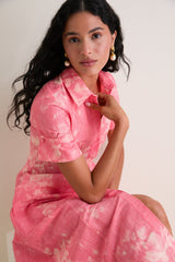 Rose Bouquet Blossom Pink Floral Print Linen Chine Midi Shirt Dress